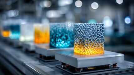Glowing 4d printing platforms with honeycomb patterned objects on metal bases in a futuristic industrial setting with blurred background lights