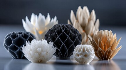Shape shifting 4d printing systems using innovative materials and technologies, lotus flower like objects in various colors and sizes, 3d printing, futuristic design