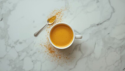 White cup of turmeric spice latte on marble surface highlighting herbal remedy, winter setting, Earth Day