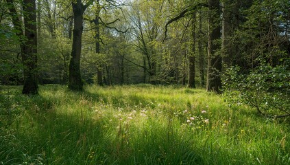 Leaf-covered forest floor in a French woodland, natural debris and plant growth, autumn conservation day