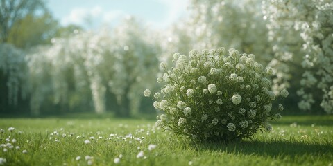 White-flowered Kalina buldenezh plant with numerous buds, highlighting springtime ornamental growth