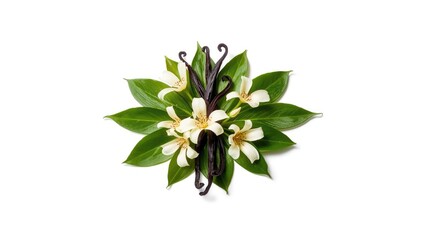 Vanilla pods, fresh green leaves, and flowers displayed on a white background, emphasizing organic flavoring, World Food Day
