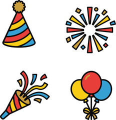 New Year 2026 Party Hat Confetti Horn Balloons Festive Celebration Elements Vector Icons Set
