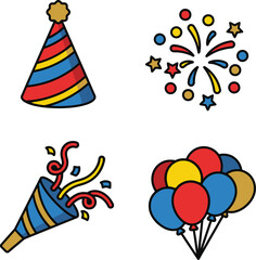 New Year 2026 Party Hat Confetti Horn Balloons Festive Celebration Elements Vector Icons Set