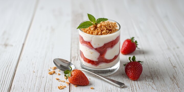 Fresh strawberry jam with layered dairy and granola on a white wood background, highlighting wholesome snack options