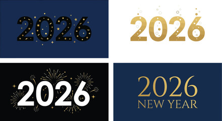 Four images of the year 2026 are arranged in a grid. The images are related to New Year's celebrations with different design styles and color schemes.