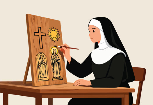 Nun paints religious icons on wooden board