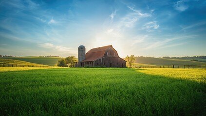 Sunrise over a rural farm on a warm morning, ideal for editorial header backgrounds, Earth Day