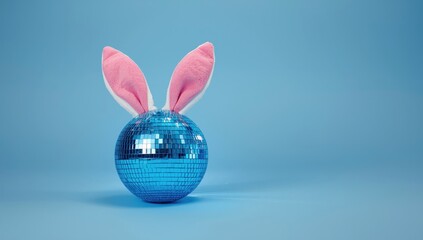 Pastel blue background featuring a disco ball and pink rabbit ears, Easter nightlife party atmosphere