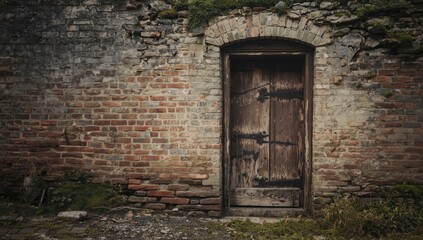 Rustic brick wall featuring a vintage wooden door architectural heritage