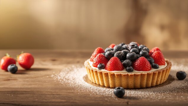 Homemade fruit tart topped with strawberries and blueberries, serving as a vibrant sweet treat for spring or summer