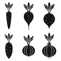 Silhouette collection of root vegetables, organic carrot beet and onion solid icons, garden produce vector illustrations isolated on white
