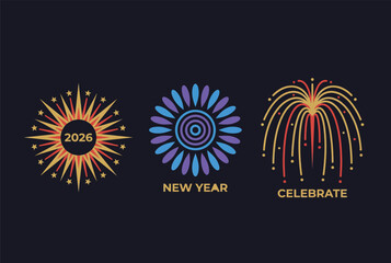 New Year 2026 Fireworks Explosion Burst Starburst Celebration Colorful Vector Icons Display Set