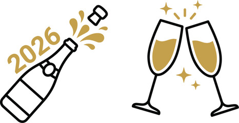 New Year 2026 Champagne Bottle Glass Clinking Toast Celebration Gold Black Vector Icons Set