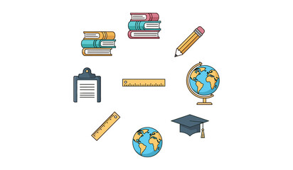 International Education Day Flat Icon Set with Books, Globe, Graduation Cap and School Supplies