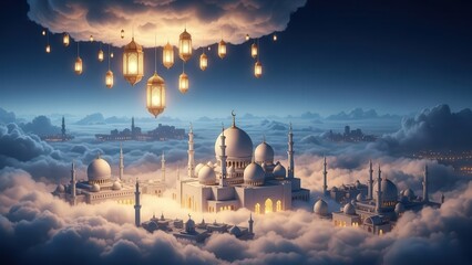 Enchanting Celestial Cityscape Grand Palace Floating Amidst Clouds Adorned with Golden Lanterns ramadhan kareem