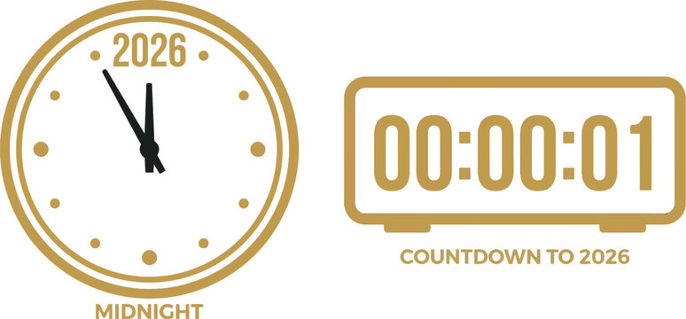 Vector art displays a clock and digital counter with the text "2026" and "Countdown to 2026", likely intended to celebrate a coming year. The clocks read 11:55 and 00:00:01 respectively