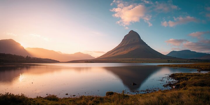 Early morning light illuminating Loch Fada and the Old Man of Storr, landscape scene, seasonal change