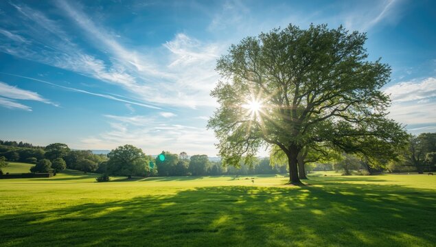 Bright sunlight during noon illuminating a park scene, suitable for nature-themed layouts