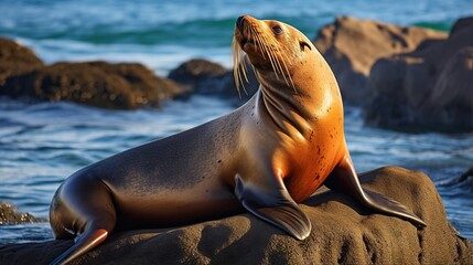 A basking sea lion rests on sunlit rocks beside the shimmering ocean