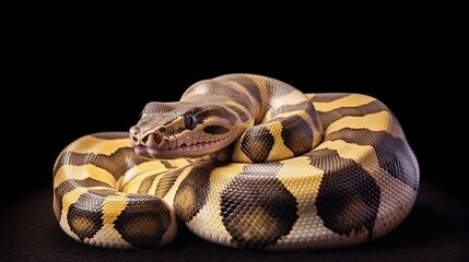 Obraz premium A Calm Ball Python Elegantly Coiled on a Dark Backdrop Demonstrating Yellow and Brown Patterning