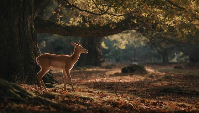 Roe deer feeding beneath oak trees in a natural woodland setting, highlighting habitat features