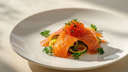Fresh zucchini slices garnished with smoked salmon and red caviar, suitable for a seafood presentation, World Food Day