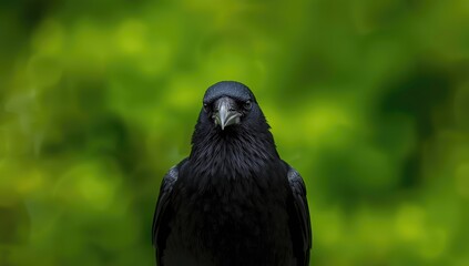Close-up of a wild Carrion Crow, Corvus corone, with a green backdrop, focusing on urban foraging and environmental adaptation