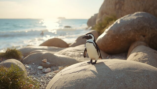 Penguin standing among rocks at Boulders Beach, illustrating natural coastal environment - Powered by Adobe
