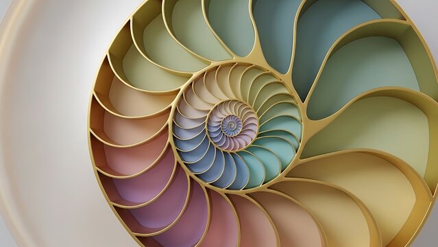 A 3d spiral design of an ancient nautilus shell follows a golden fibonacci pattern to create a fractal ammonite fossil illustration inspired by nature