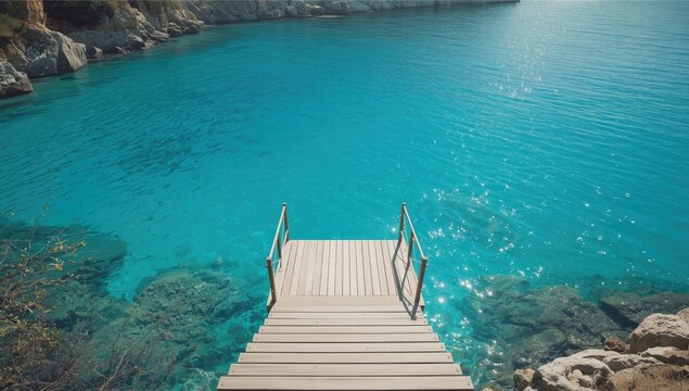 Seaside wooden steps connecting a platform to azure sea water, highlighting recreational beach access on an island