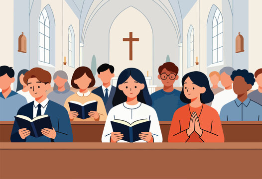 Diverse congregation gathered in a church, reading books and praying