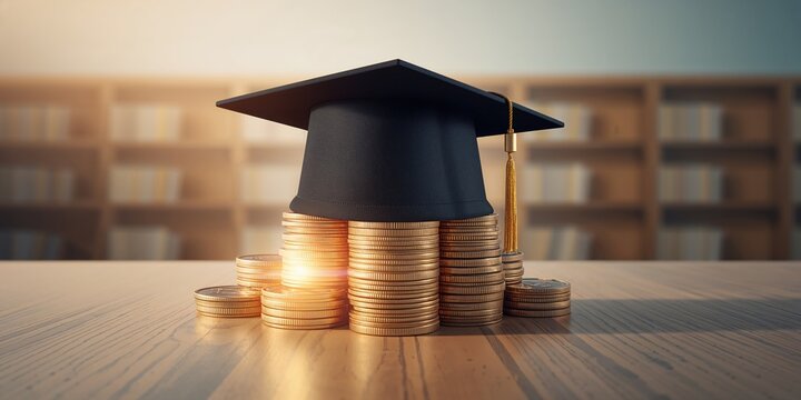 Tuition payment for graduate studies shown by a black graduation cap atop coins, emphasizing education costs, International Students Day