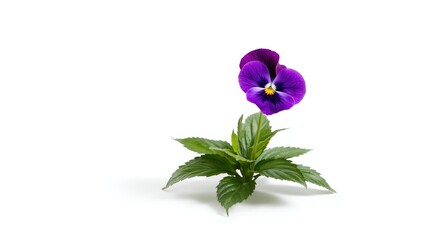 Single purple pansy flower plant on a white background, ideal for floral pattern and decoration
