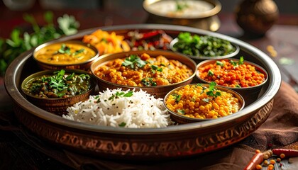 Authentic Indian Thali Meal With Rice And Assorted Curries Garnished With Fresh Herbs In A Copper Platter With Soft Lighting And Rustic Background