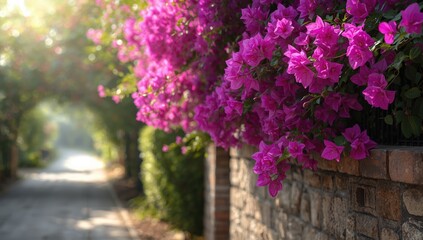 Colorful bougainvillea blossoms along a city street, ideal for decorative background use