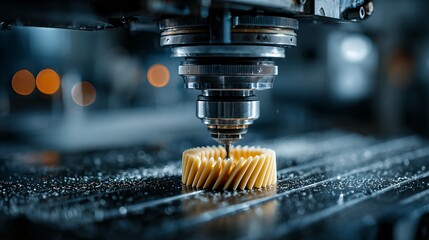 Additive manufacturing tools coordinating 3d printing process with precision machinery and blurred industrial background