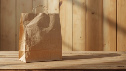 Empty paper bag on a rustic wooden table, used as a layout backdrop for product presentation, Earth Day