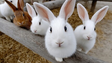 A group of cute rabbits, including white and brown varieties, gathered at a farm. Charming and playful animals in a natural environment.