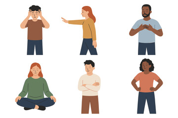 Fototapeta premium Diverse emotions and poses highlighting human expressions and body language in a flat style