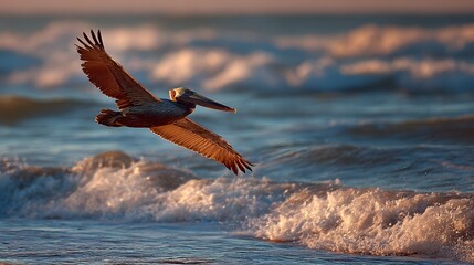 Brown Pelican Soaring Over Crashing Waves at Sunset.