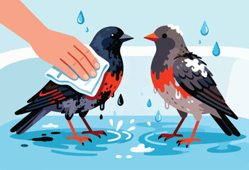 Hand gently wipes a wet bird while another bird stands nearby in a pool