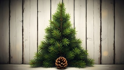 A small christmas tree with a pinecone on a wooden background