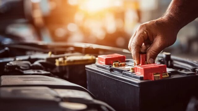 Mechanic replaces a car battery on a bright summer day emphasizing routine maintenance and ensuring smooth engine start in hot conditions.
