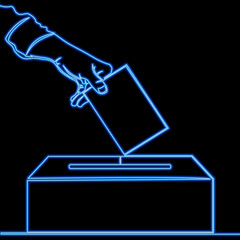 Hand placing ballot into voting box symbolizing democracy and election process icon neon glow vector illustration concept