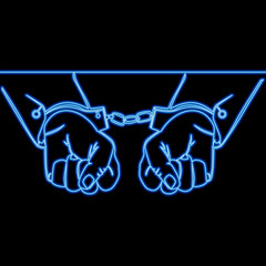 Two hands in police handcuffs symbolizing arrest and law enforcement icon neon glow vector illustration concept