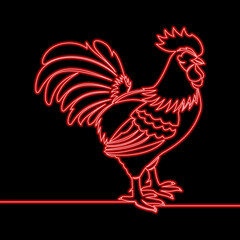 Continuous one single line drawing Red rooster icon neon glow vector illustration concept