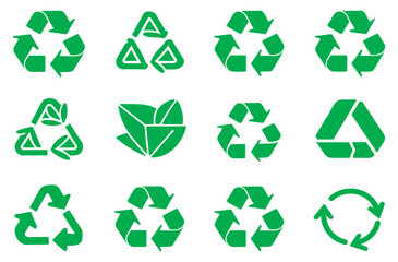 Set of recycle icon symbol vector green line and solid design on white background