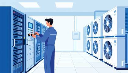Technician adjusts controls in a server room with air conditioning units