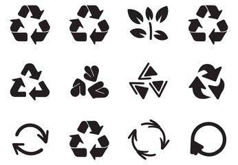 Set of recycle icon symbol vector black line and solid design on white background